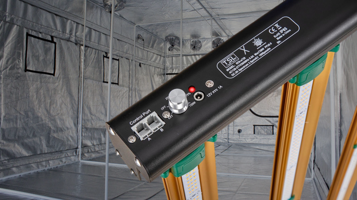Growers Choice ROI-E720 LED grow light over cannabis plants