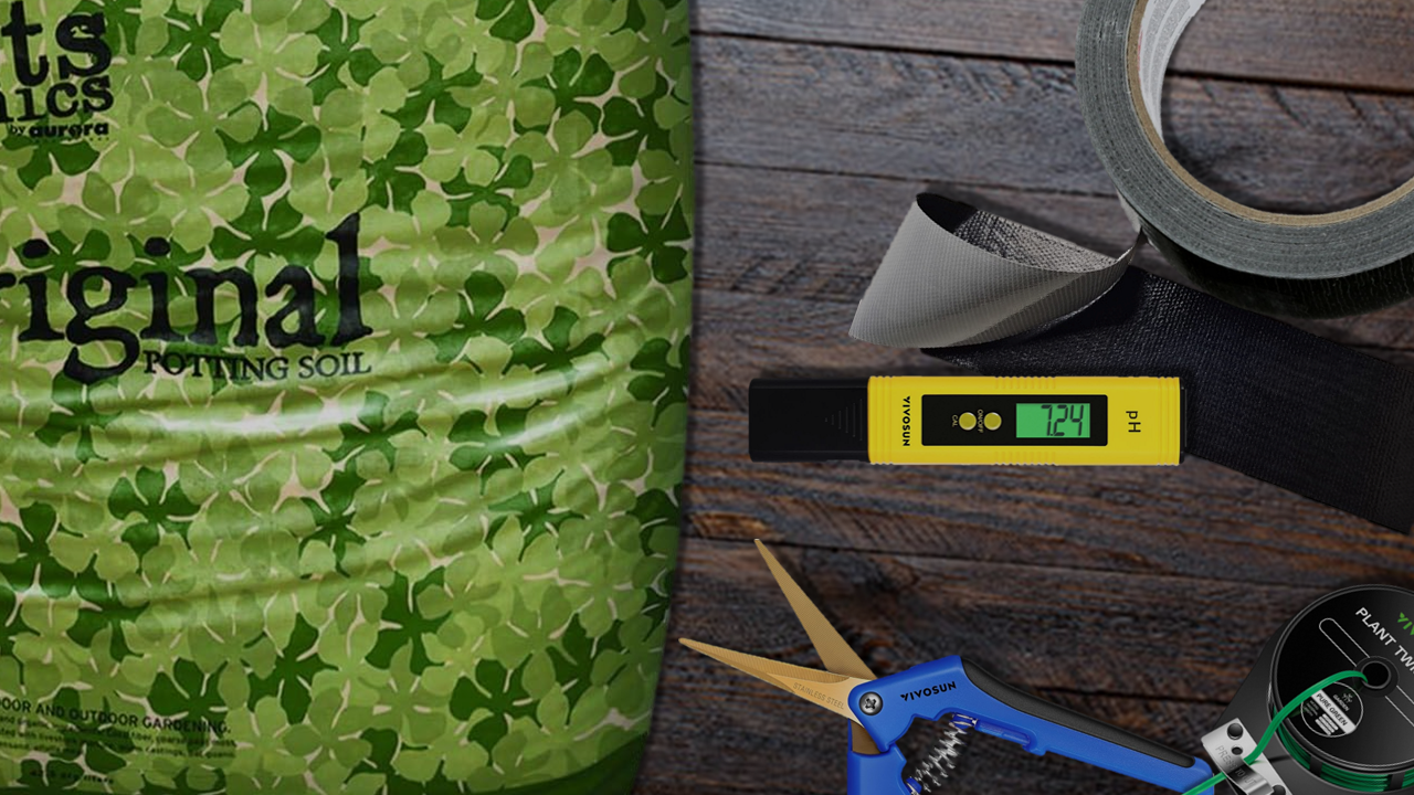 Cannabis growing tools including soil, pH pen, and plant ties